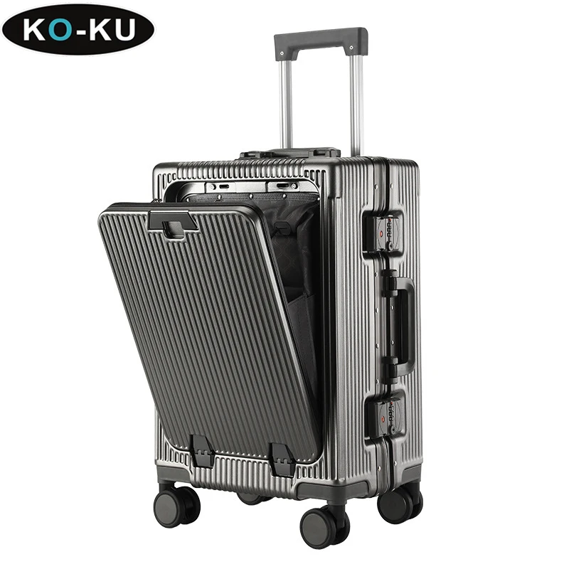 KO-KU Front Opening Suitcase 24 Inch Aluminium Frame Large Capacity USB Charging With Cup Holder Trolley Case 20\'\' Boarding Box