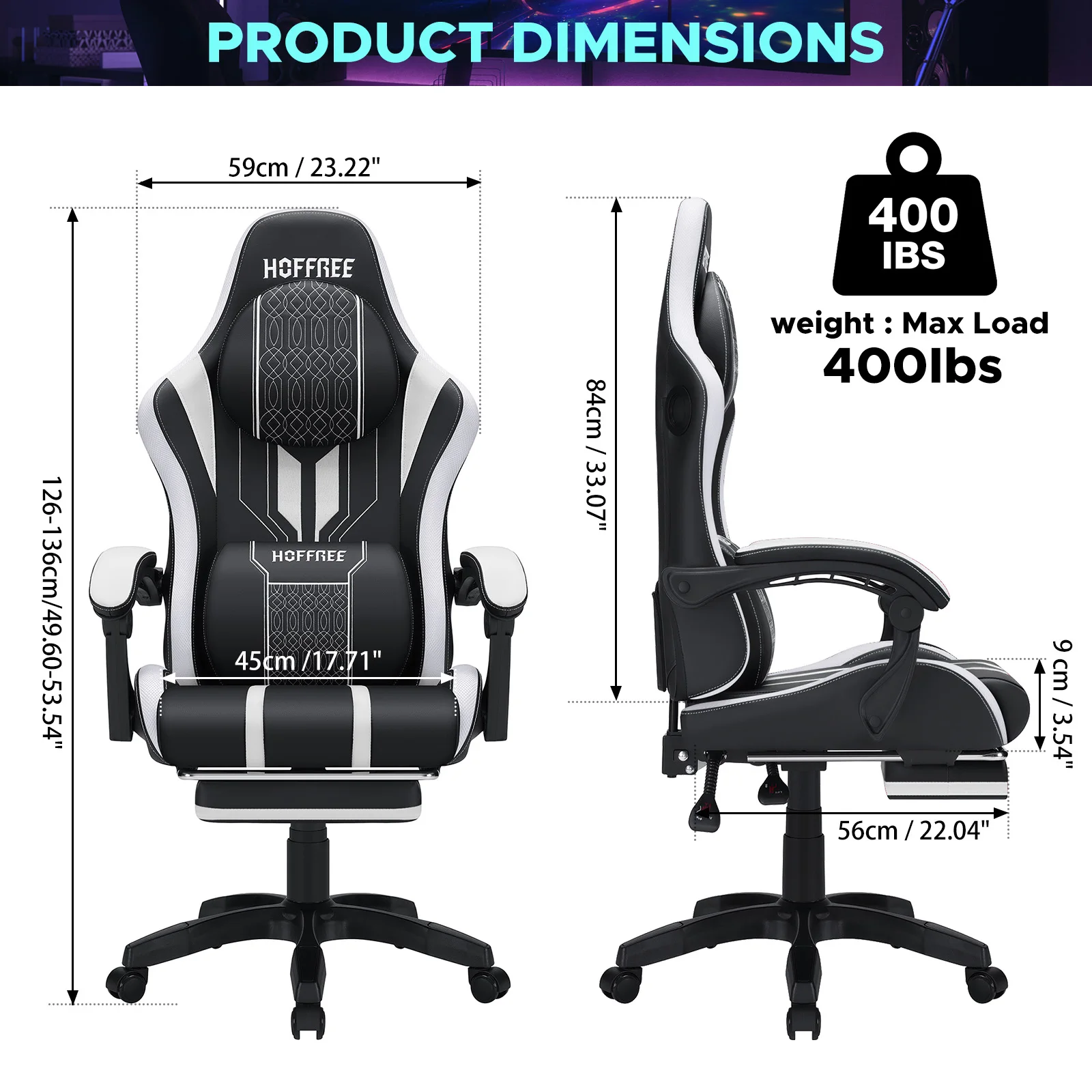 Ergonomic RGB Massage Gaming Chair w/ bluetooth Speakers Footrest Office Chair