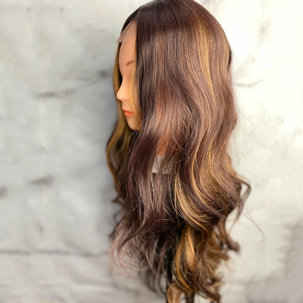 Dark Chocolate Brown Hair with Blonde Highlights Wig 10% Human Hair Synthetic Wigs 26 inches Long Wavy Women Hair Loss Wear&Go