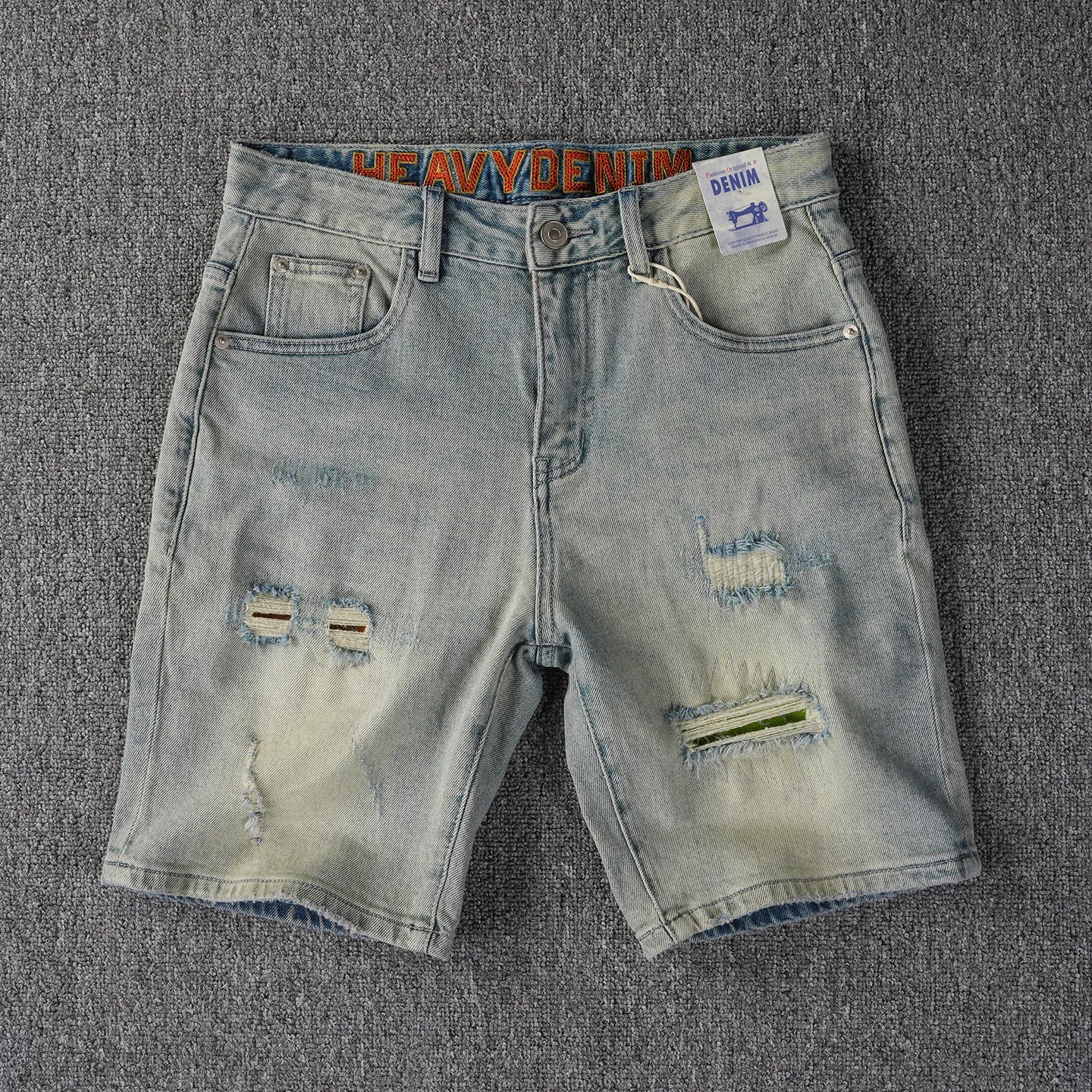 Heavy washed old hole patch handsome retro denim shorts men's fitted straight American trendy five-point pants