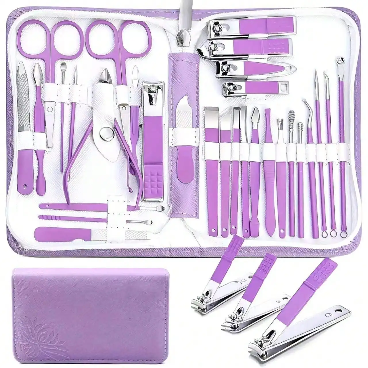 

This 30-Piece Classic Set Comes With A Purple Travel Case. Stainless Steel Tools Deliver Salon-Quality Results. Includes Nail Clippers, Cuticle Nippers, And Light Beige Split Tweezers. The Ultimate Solution For Hand, Foot, And Facial Care. Portable And Du