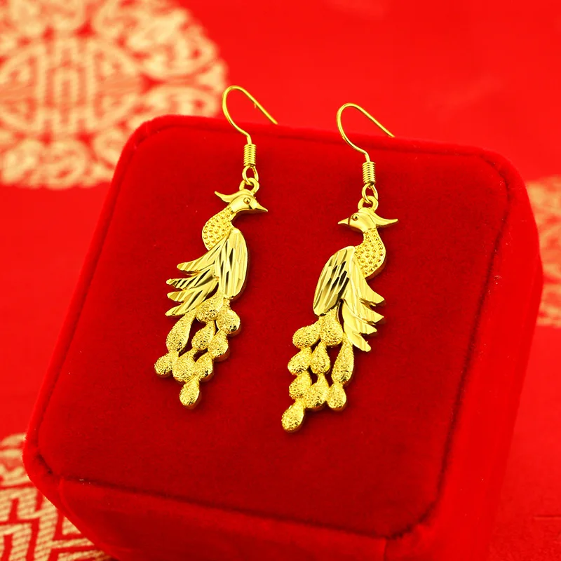 Fashion 14K Yellow Gold Color Phoenix Earrings for Women Bride 3D Female Earring Wedding Engagement Fine Jewelry Gifts