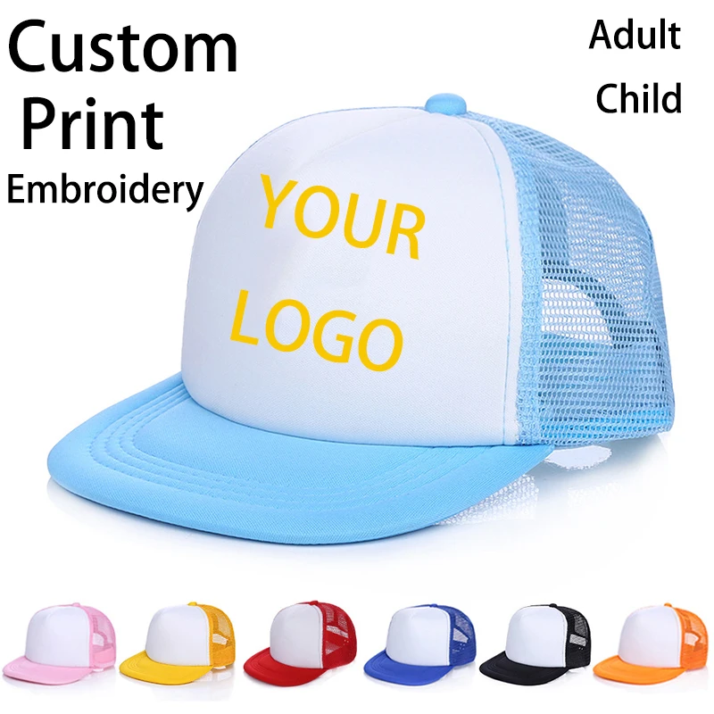 1 PCS Free Custom Logo Baseball Cap Kids Personality DIY Design Trucker Hat 100% Polyester Hats Blank Mesh Cap Boys Girl Casquet