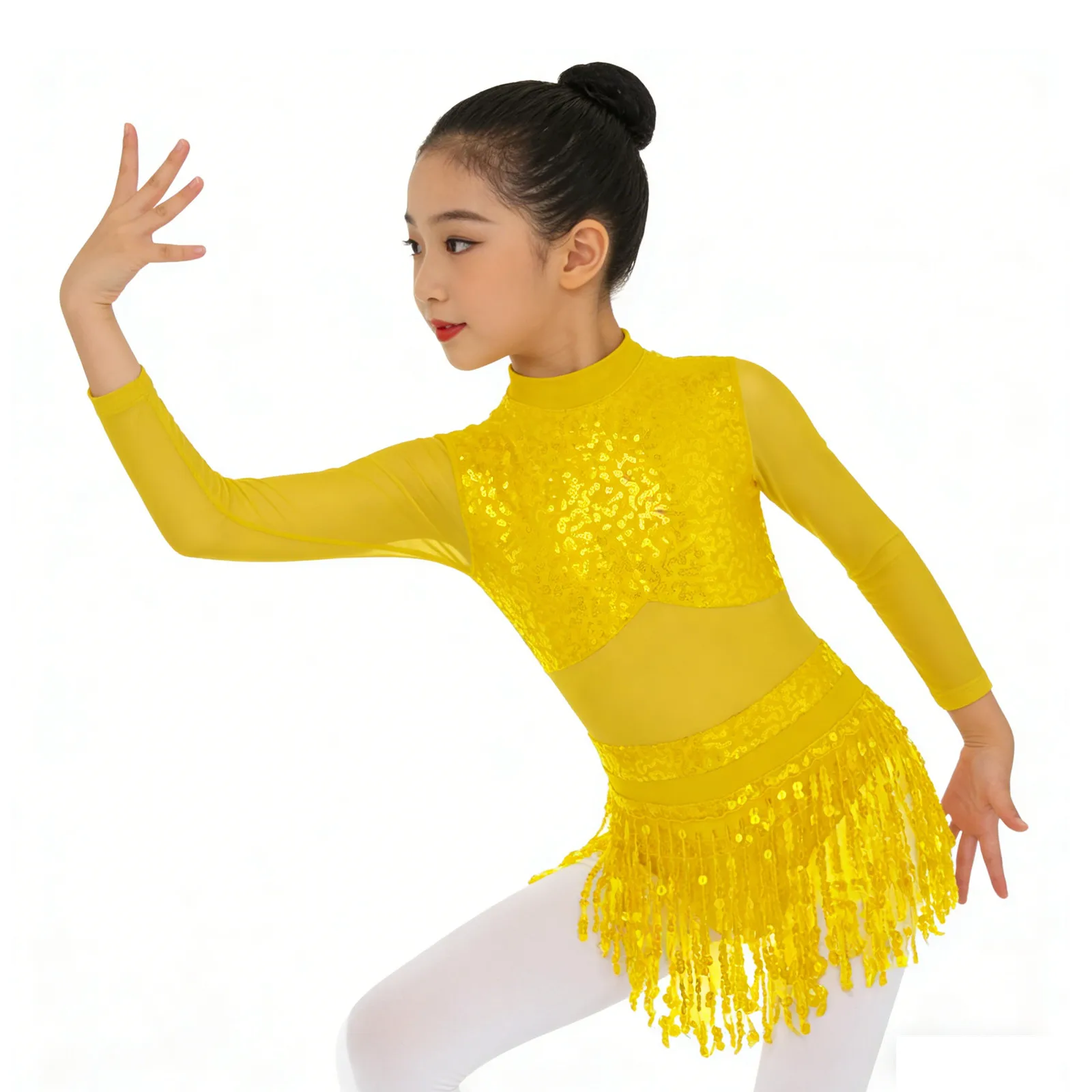

Kids Girls Jazz Ballet Dance Dress Performance Costume Mesh Long Sleeve Round Collar Shiny Sequin Hollow Back Tassel Dance Dress