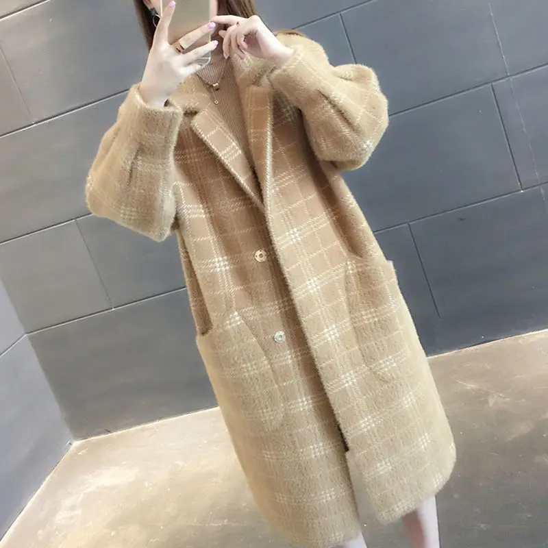 Fashion Ladies Loose Overcoat Warm Plush Plaid Coats Female Mink Velvet Overcoats Women Mid-long Coats Autumn Winter Girls Coat