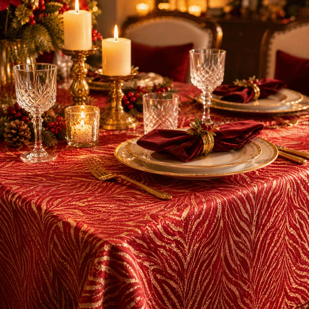 Polyester Cotton Christmas Tablecloth Golden Jacquard Woven Table Cover Dustproof Anti-slip Reversible Table Cover Christmas