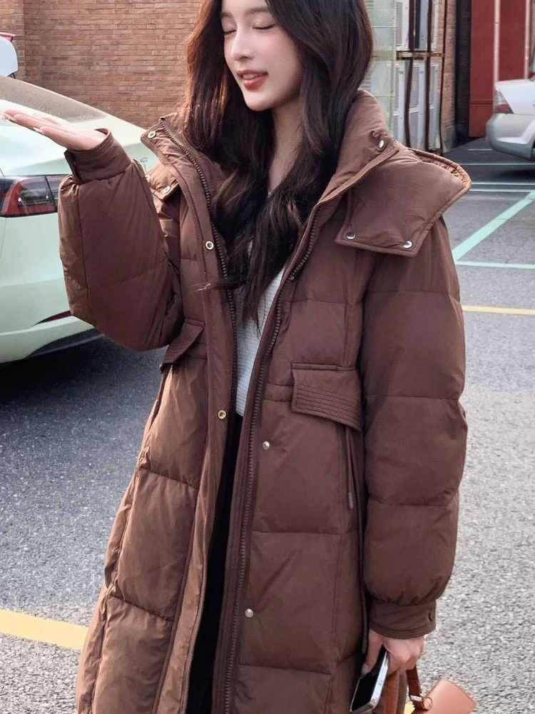 2025 New Down Jacket Women Korean Casual Loose Long Over Knee Hooded Parkas Winter Thicken Wear White Duck Puffer Coat Outerwear