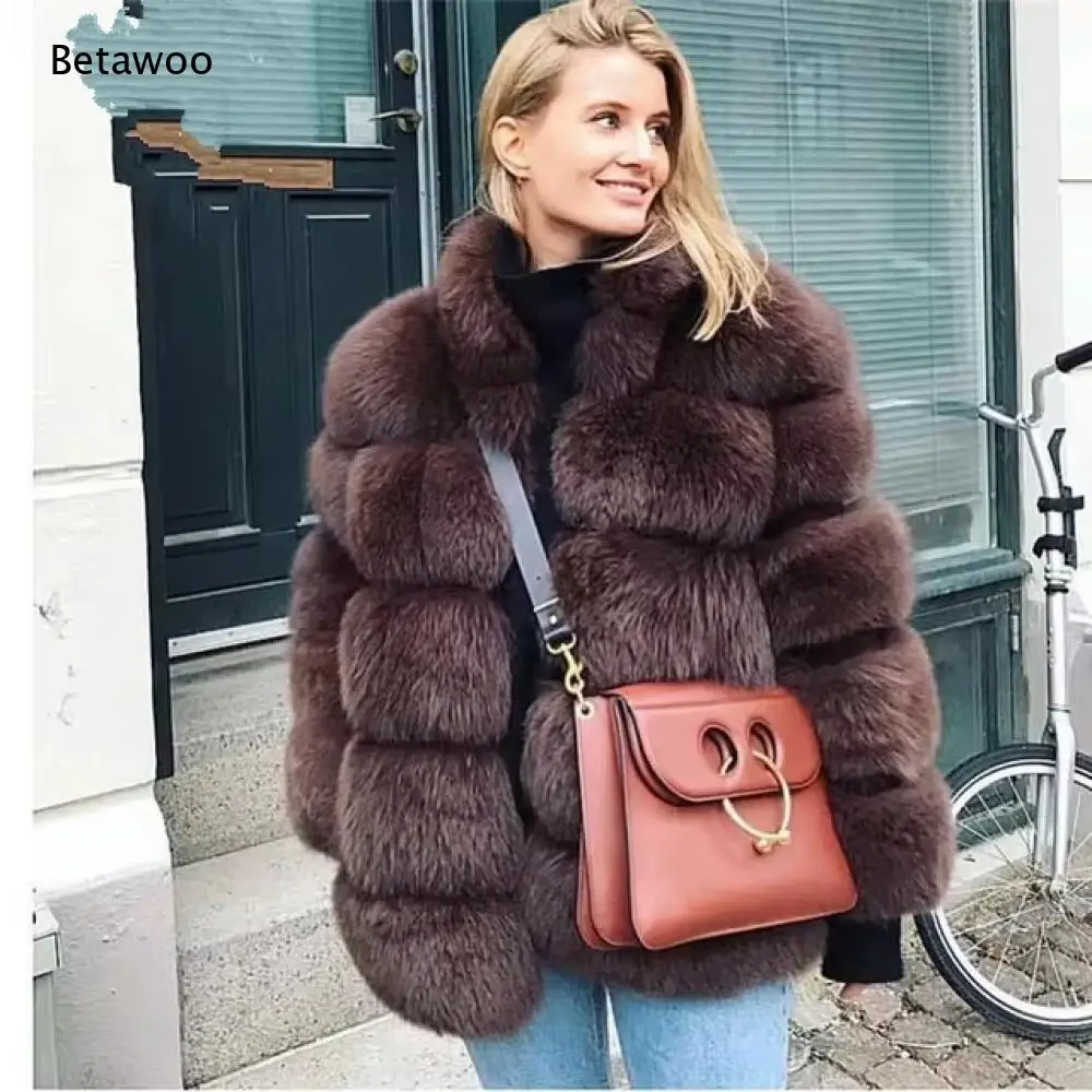 Women Segmented Faux Fox Fur Short Coat Stand Collar Faux Fur Overcoat Multiple Colors