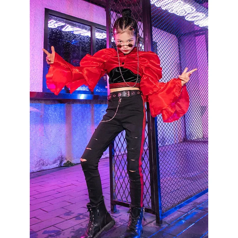 

ZZL Urban Dance Girl Costume K-POP Stage Suit Children Jazz Dance Fashionable Clothes 3 Pcs Red and Black Suit Catwalk Wear