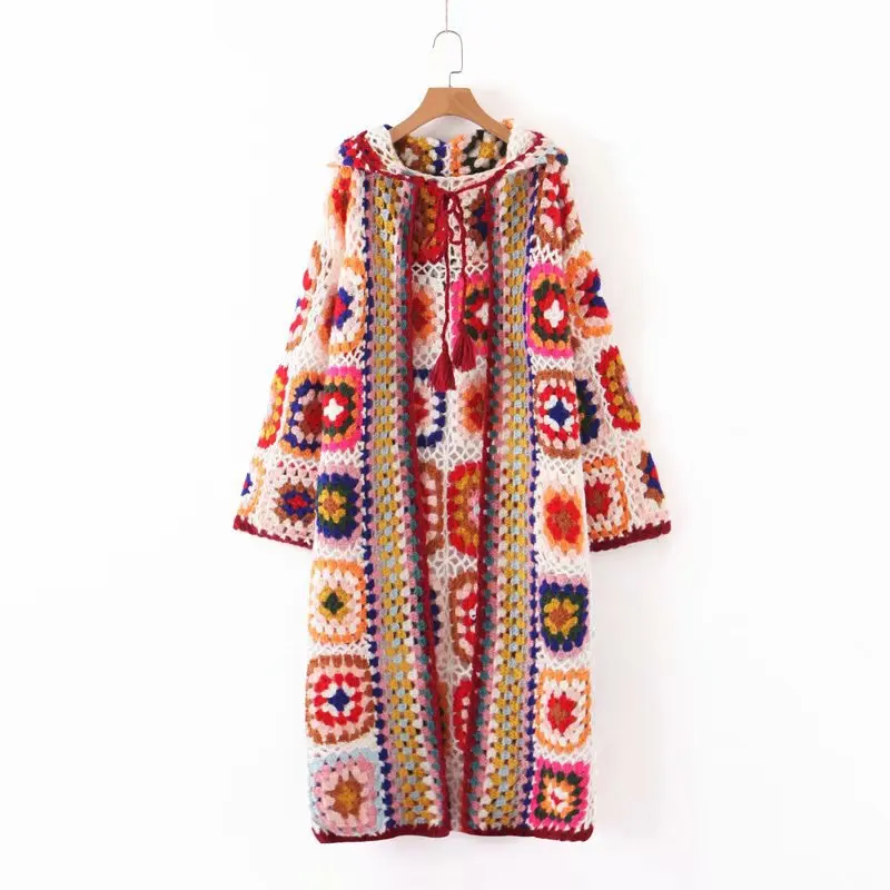 BOHO Hollow Out Colored Plaid Flower Hand Crochet Hooded Cardigan Ethnic Woman Bandage Lacing up Midi Long Sweater Beach Jumper