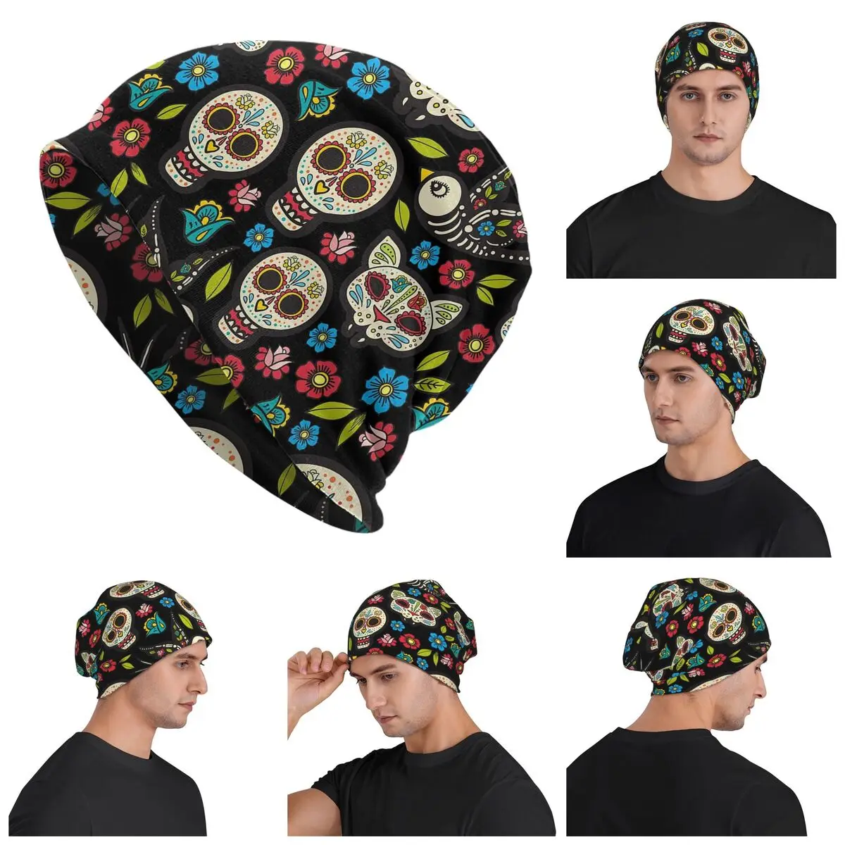 

Day Of Dead And Floral Skull Pattern Warm Knitted Cap Fashion Bonnet Hat Autumn Winter Outdoor Beanies Hats for Men Women Adult