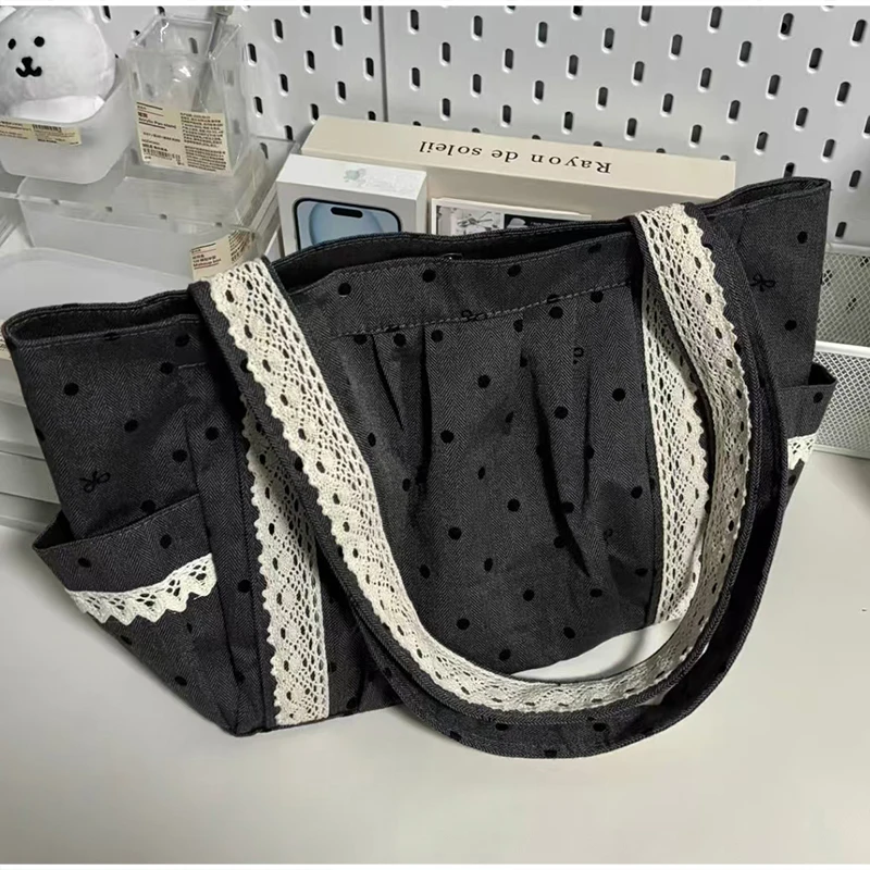 Polka Dot Lace Tote Bag Large Capacity Women's Shoulder Bag Student Commuter Handbag With Contrast Trim Lightweight Shopping Bag image 5