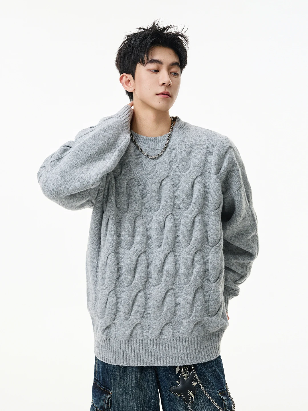 

Men's round Ne Knitted Sweater Heavy Gauge Casual Loose Fit Vintage Sle Color Winter Faion Pullover Long Sve