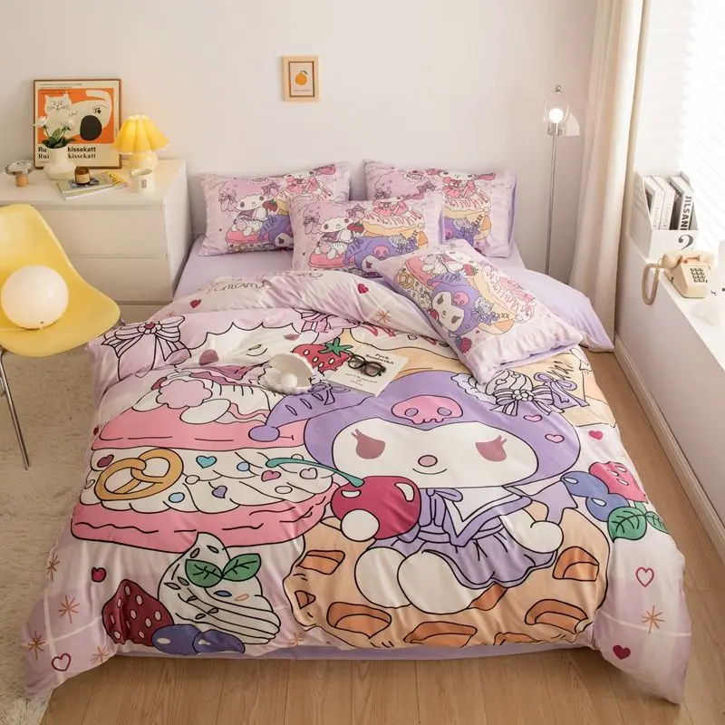 

Kuromi Cinnamoroll Milk Fleece Four-Piece Set Thickened Coral Fleece Dormitory 3-Piece Sheets Quilt Cover Pillowcase