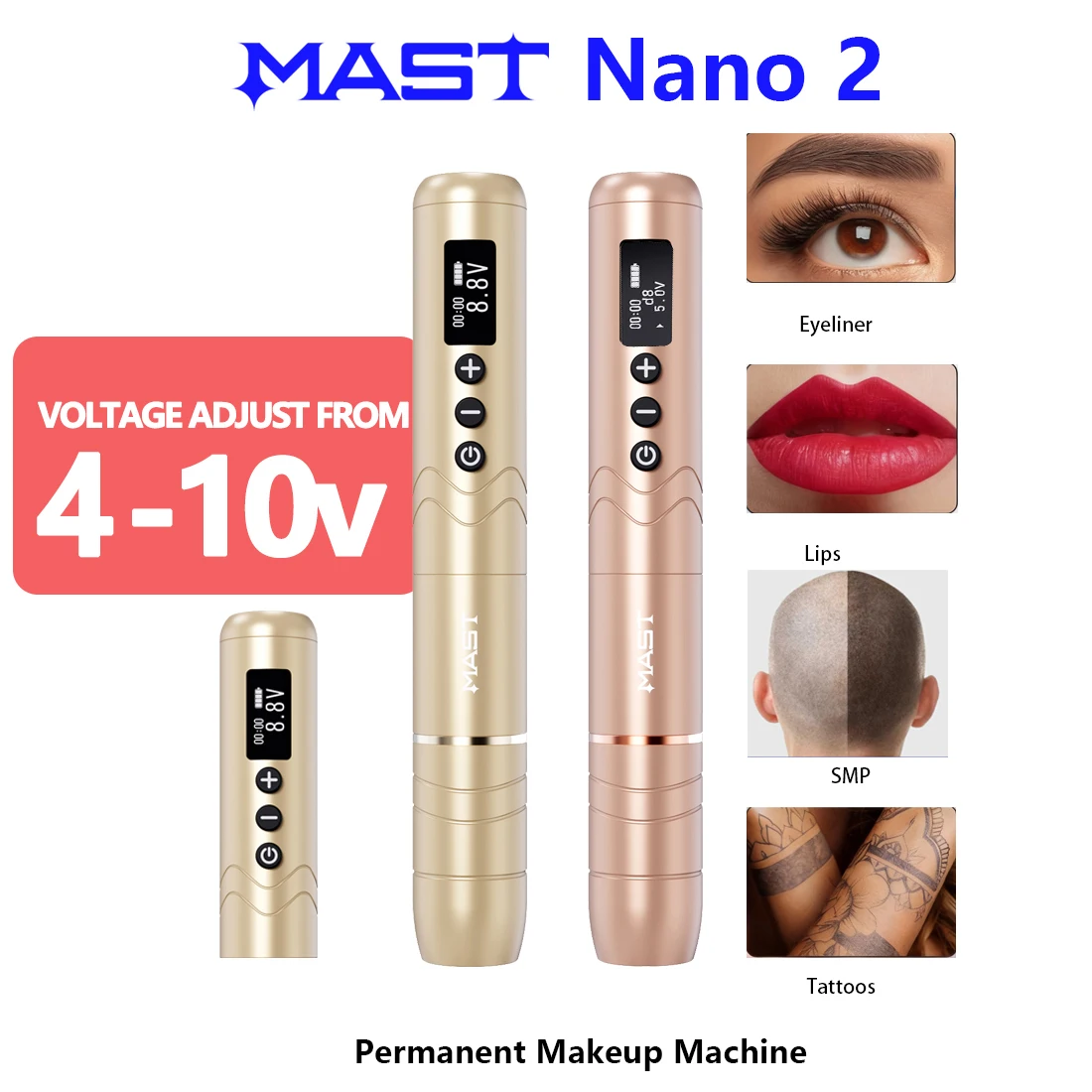 MAST NANO 2 Kabelloses Permanent-Make-up-Gerät 66g Leichtgewichtiger Tattoo-Stift 4 Modi Geringe Vibration für Augenbrauen Eyeliner Lippen SMP