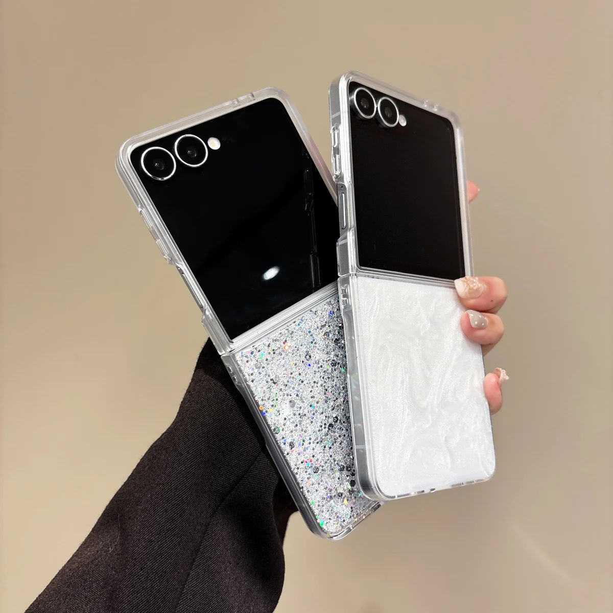 Luxury Shiny Silver Glitter Sequins Shockproof Case For Samsung Galaxy Z Flip 7 6 5 4 3 Drip Glue Cement White Solid Color Cover