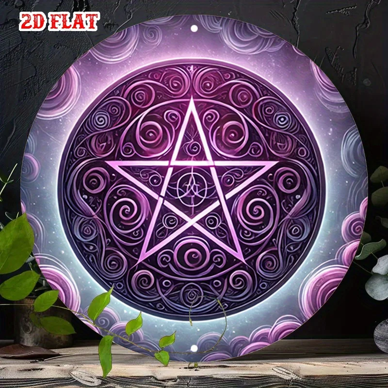 Retro Gothic 2D Flat Aluminum Wall Art 8x8in Waterproof Star Sign Mystical Purple Pink Swirl Decor Home Garage Cafe