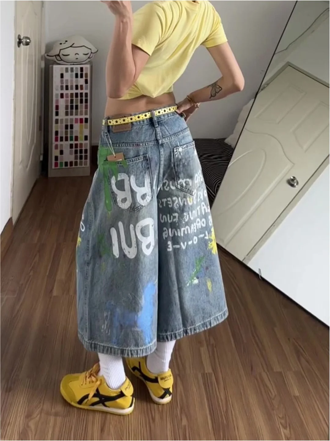 

Loose Fit American Style High Waist Wide Leg Jeans Women's Summer New Graffiti Print Blue Slimming Denim Pants Casual Wear
