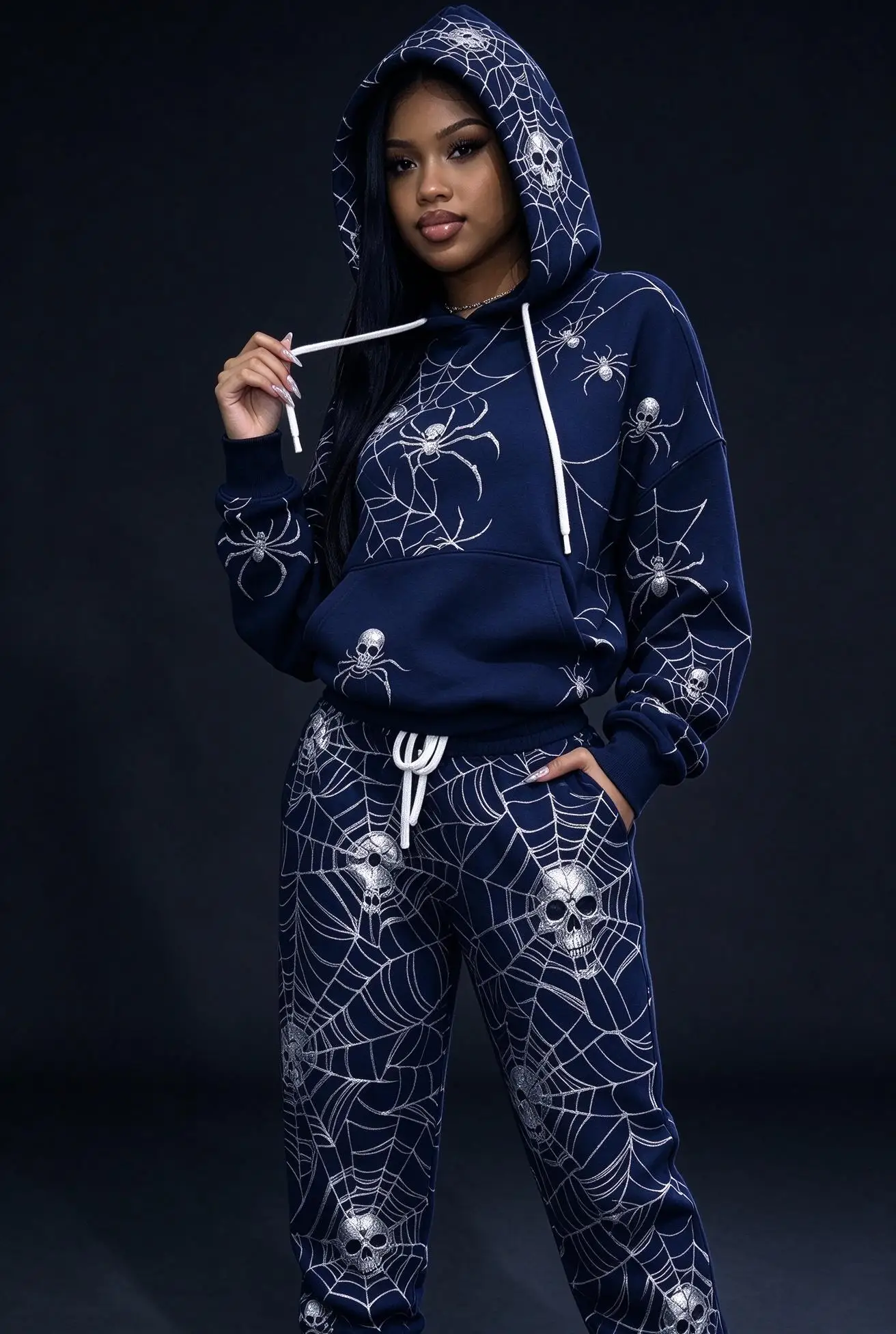 Women Halloween Spider Web Skull Hooded Tracksuit, Printed Hoodie & Cuffed Jogger Pants 2 Piece Outfit