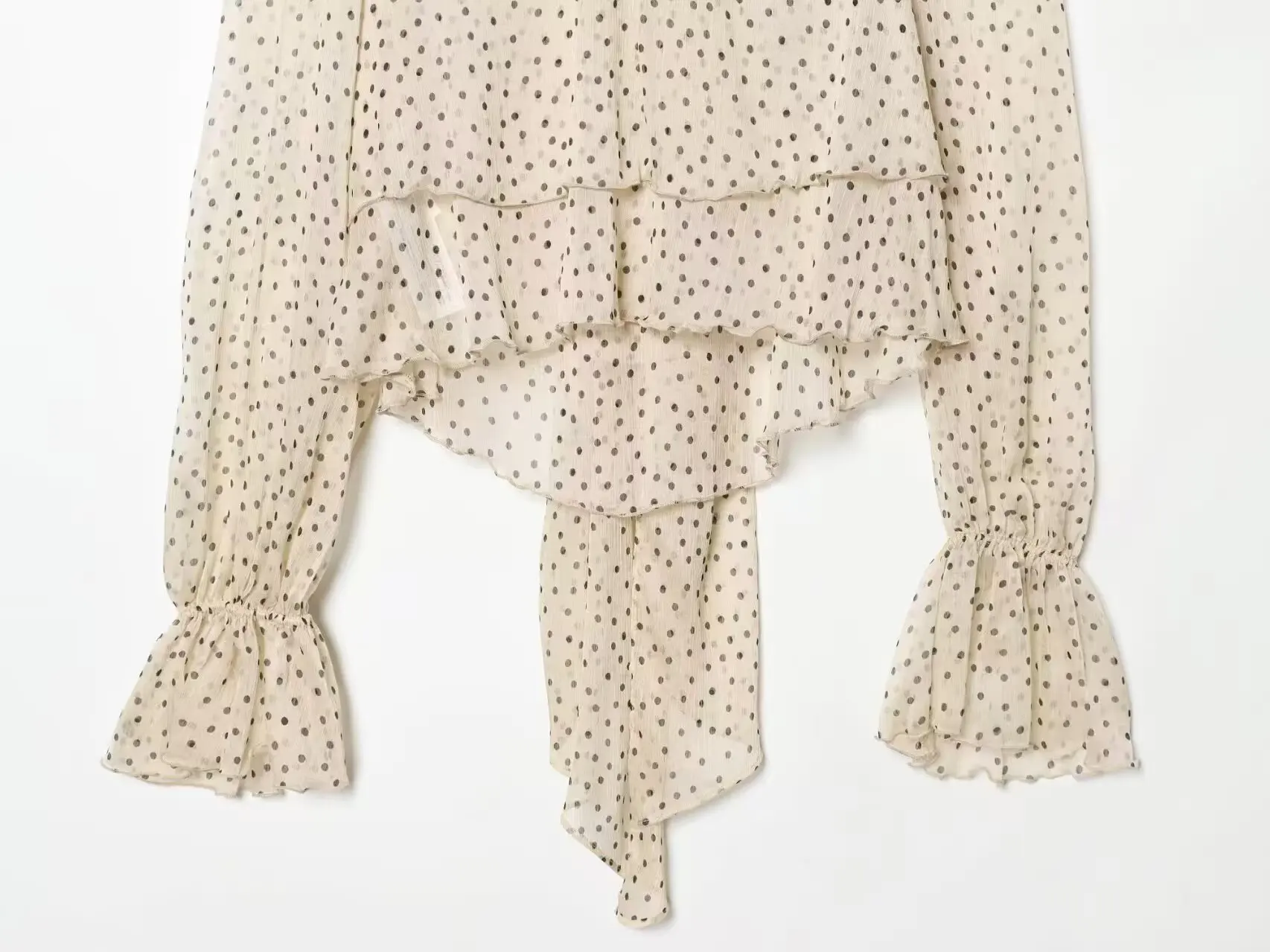 Spring Autumn Women Apricot Polk Dot Print Chiffon Shirt Tie Bow Collar Flare Long Sleeve 2 Layers Hem Pullover Blouses Tops 4