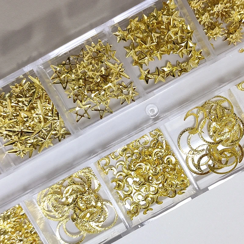 12 Grids Gold Metal Stud 3D Nail Charms 400-600Pcs Star/Moon/Stick Nail Studs 1*boxed Metallic Rivet DIY Manicure Accessories