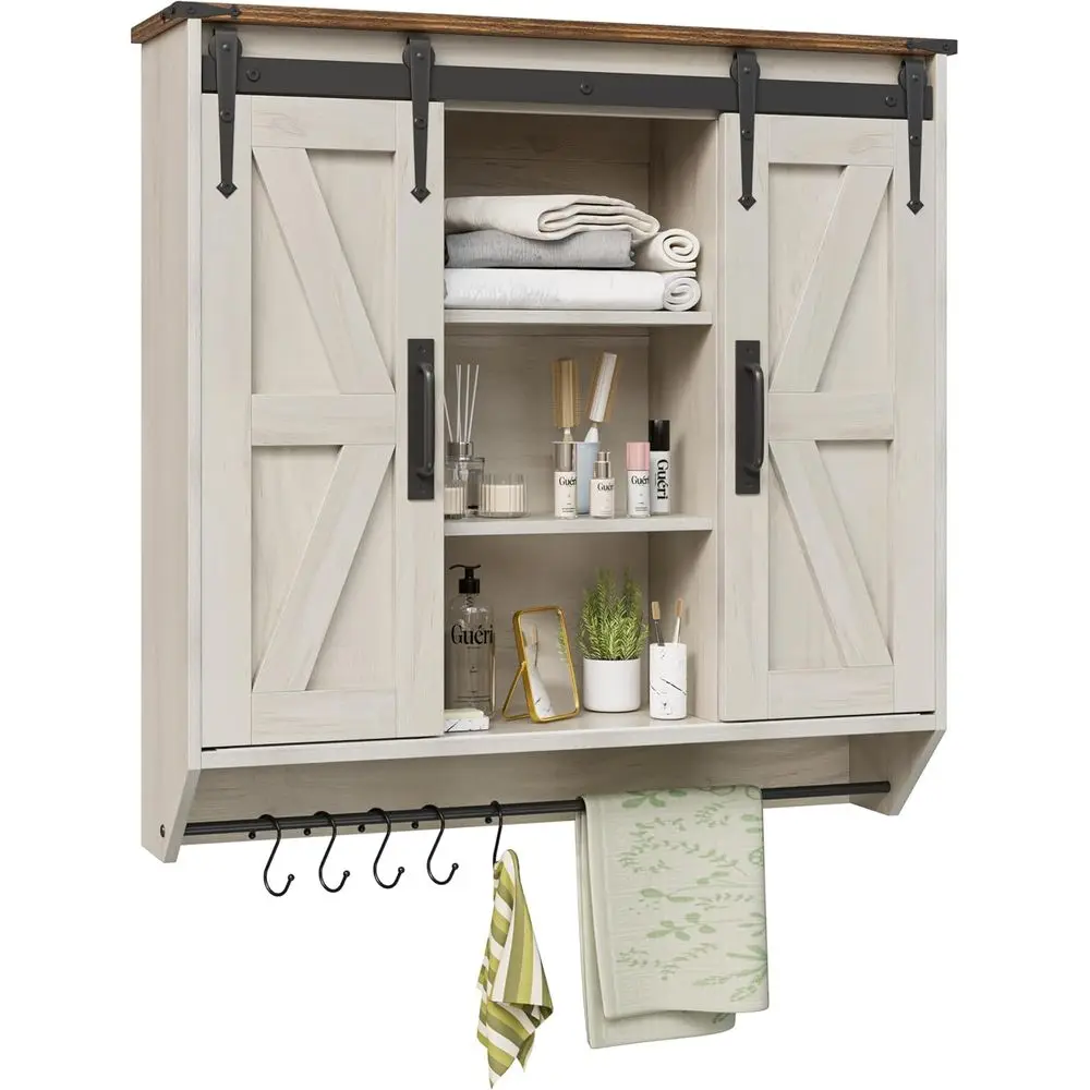 Farmhouse Medicine Cinet 2 Sliding Barn Doors 3 Tier Rustic Wood Wall Storage Cinet Adjus Shelf Towel Bar Wall Mounted