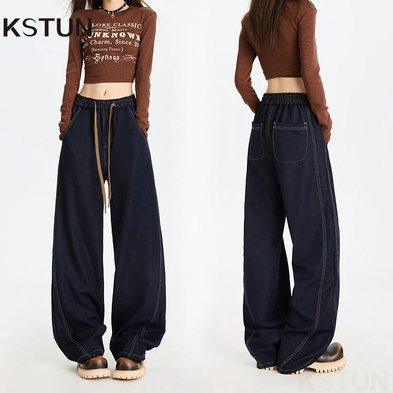 

Осень 202, женские узкие широкие джинсы, висячие прямые джинсовые брюки, повседневные модные джинсовые брюки с эластичной резинкой на талии