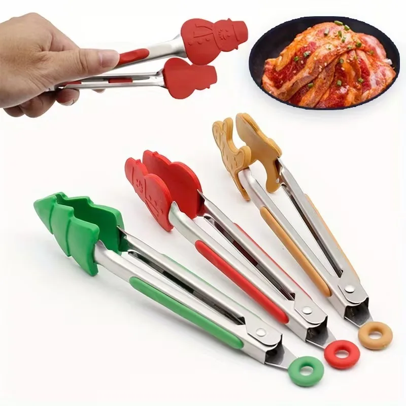 Stainless Steel Silicone Christmas Food Tongs Set Durable Non Slip Kitchen Tools with Gingerbread Snowman Design for Cooking