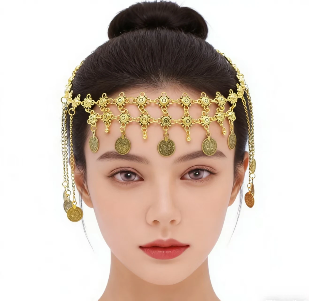 

Fashionable Gold-Plated Bride's Hair Accessory with Coin Tassel for Wedding Parties Photography Ladies' Hair Ornament