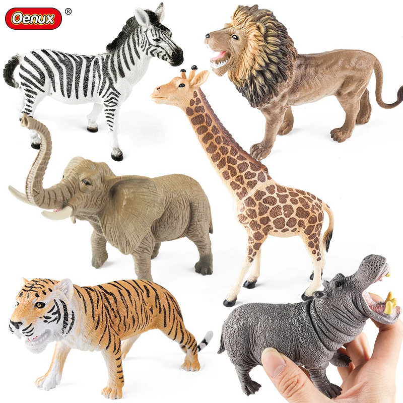 Oenux Wild Animal Lion Tiger Giraffe Zebra Rhinoceros Horse Elephant Model Action Figures Educational Cute Kids Toy Gift