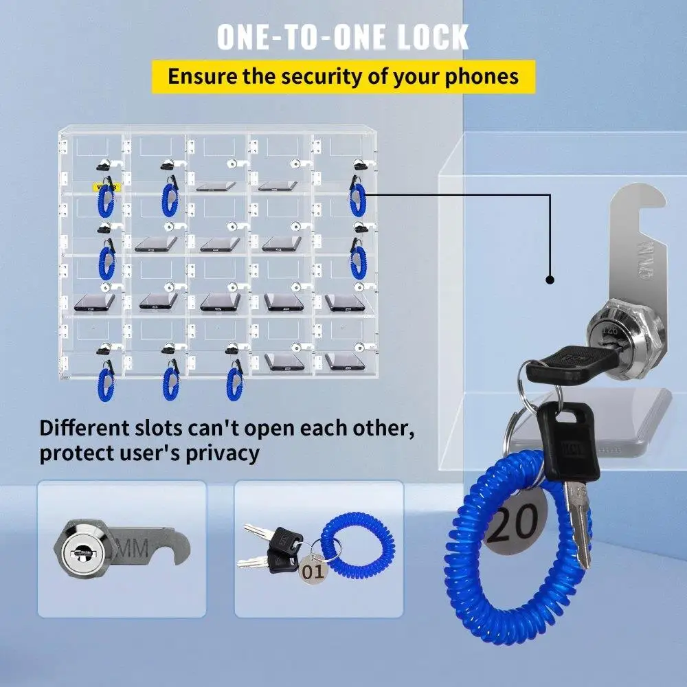 20 Slot Phone Storage Locker Acrylic Material Wall Mountable with Locking Mechanism Key ideal for Office Classroom Gym