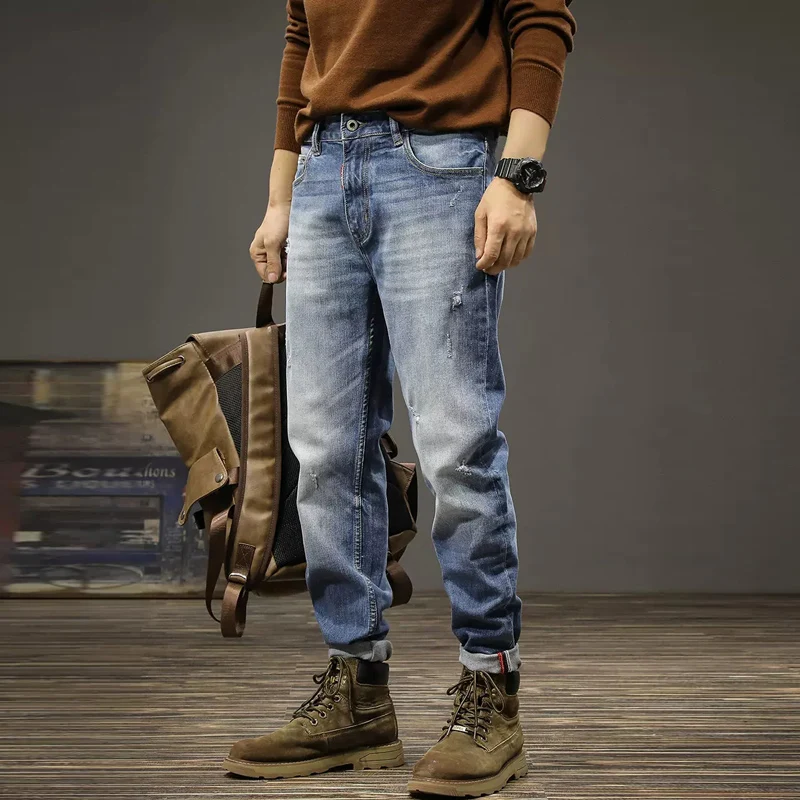 Italian Style Fashion Men Jeans Retro Blue High Quality Elastic Slim Fit Ripped Jeans Men Trousers Vintage Designer Pants Hombre