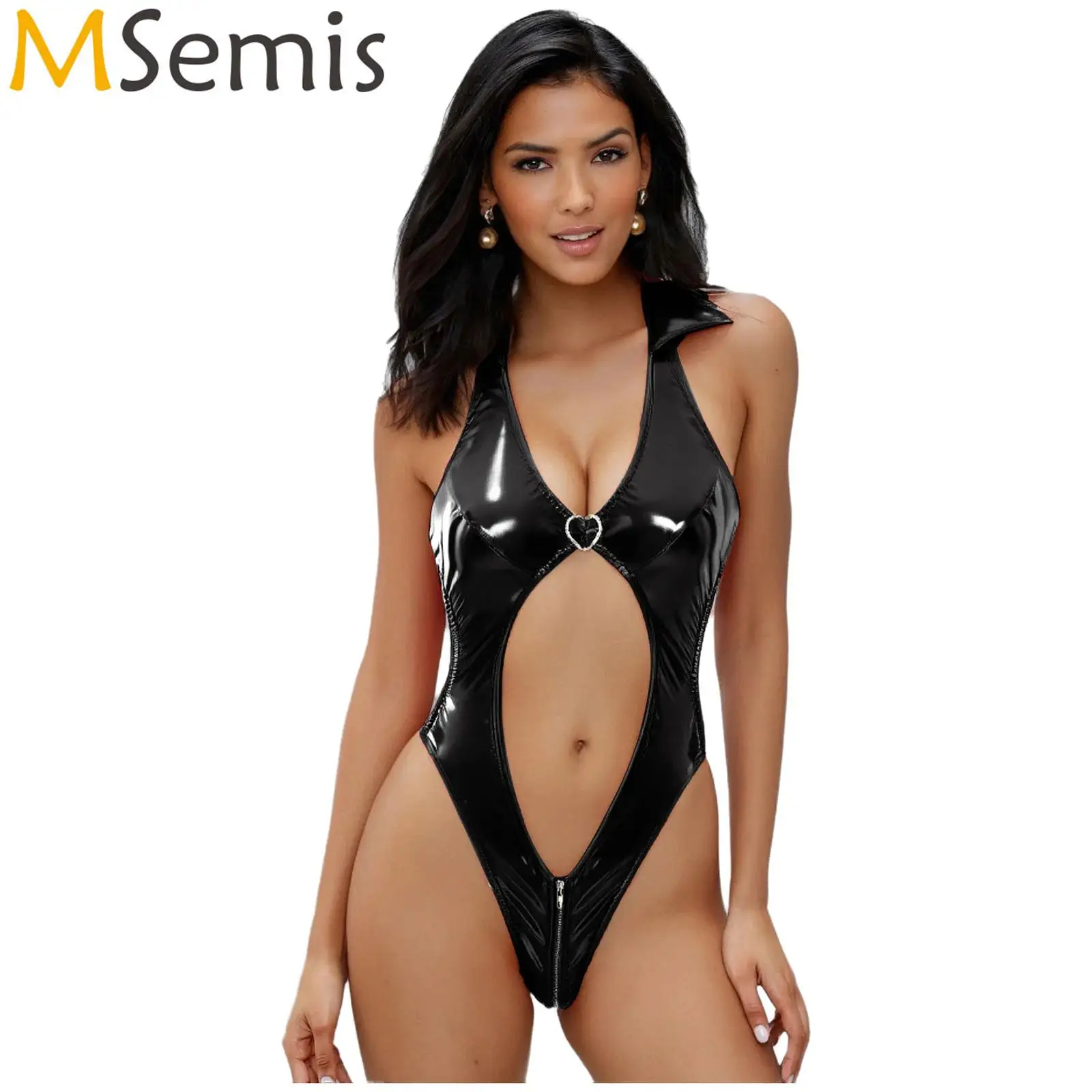 

Womens Patent Leather Lingerie Latex Bodysuit with O-rings Deep V Neck Butt Hollow Out Zipper Crotch Hot Sexy Catsuit Costume