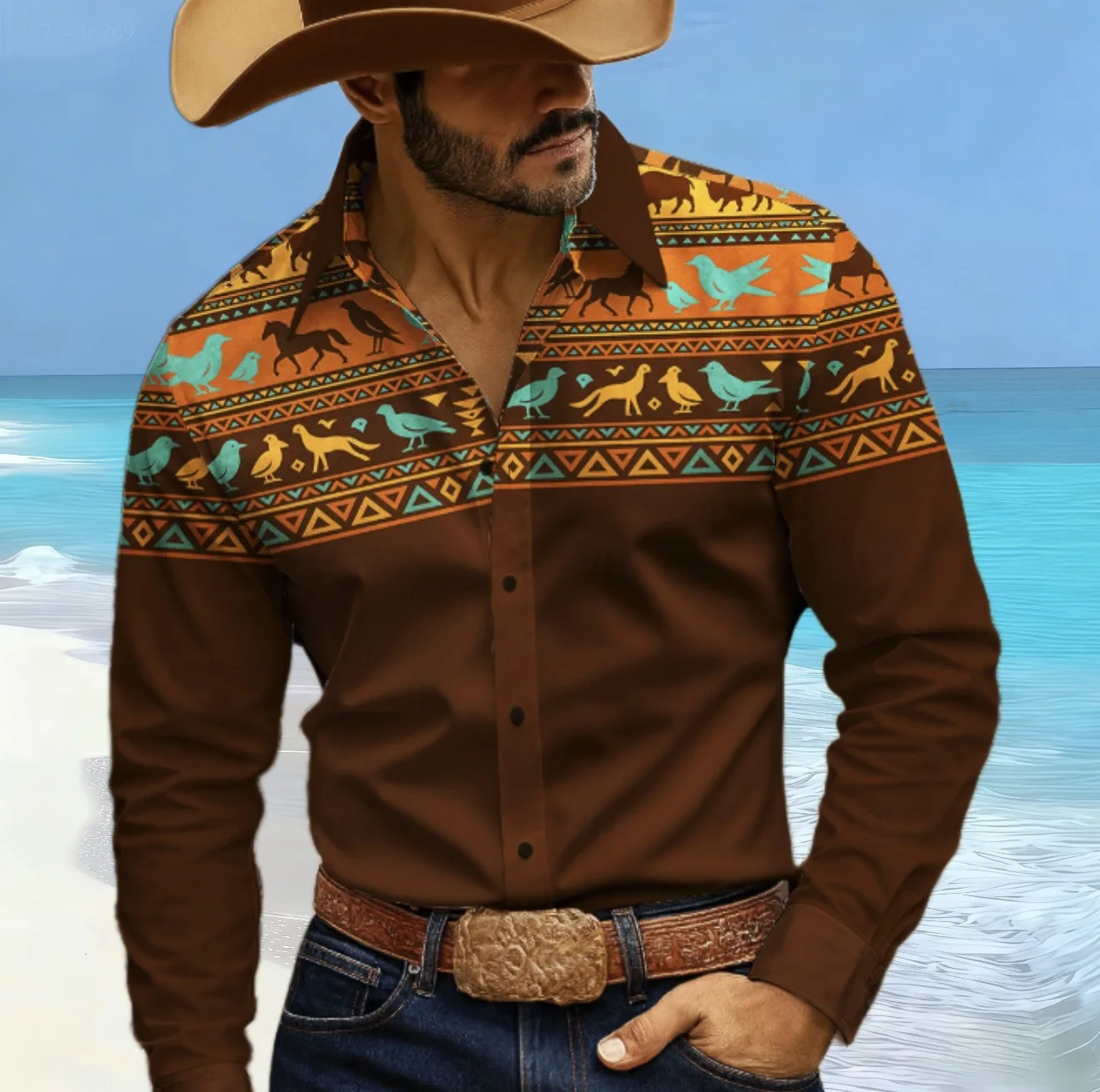 

Men's Western Denim Shirt Button Long Sleeve Shirt Geometric Retro Outdoor Casual Fashion Lapel Shirt Fast Shipping