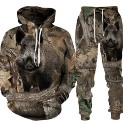 Hete Verkoop Camouflage Wilde Zwijnen Jagen Heren Hoodies Broek Set 3d Geprinte Dierenserie Sportkleding Tweedelig Outdoor Sportpak