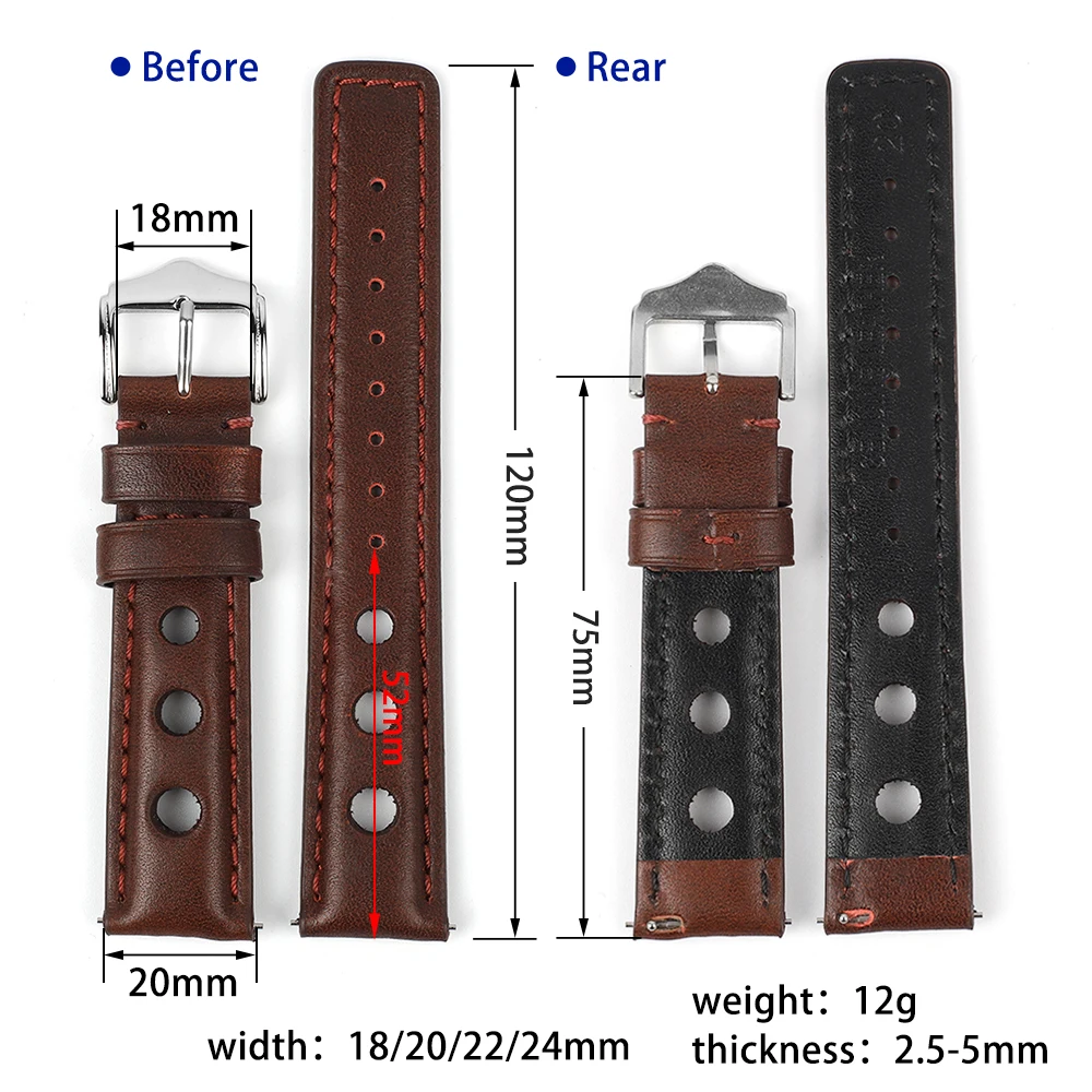 Genuine Leather Watchband 18mm 20mm 22mm 24mm Vintage Three Holes Flat Tail Watch Strap Bracelet Replacement for Men Women