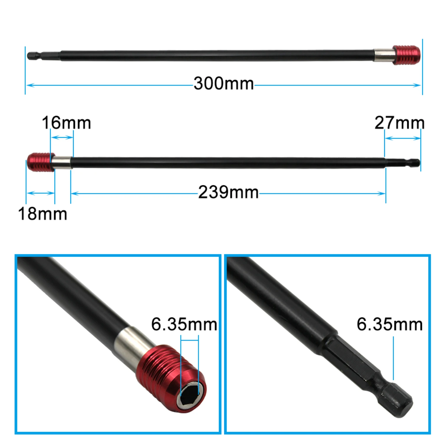 Extended Red Hexagonal Handle Self-locking Quick Release Screwdriver Tool with 300mm Extension Rod - 1pc