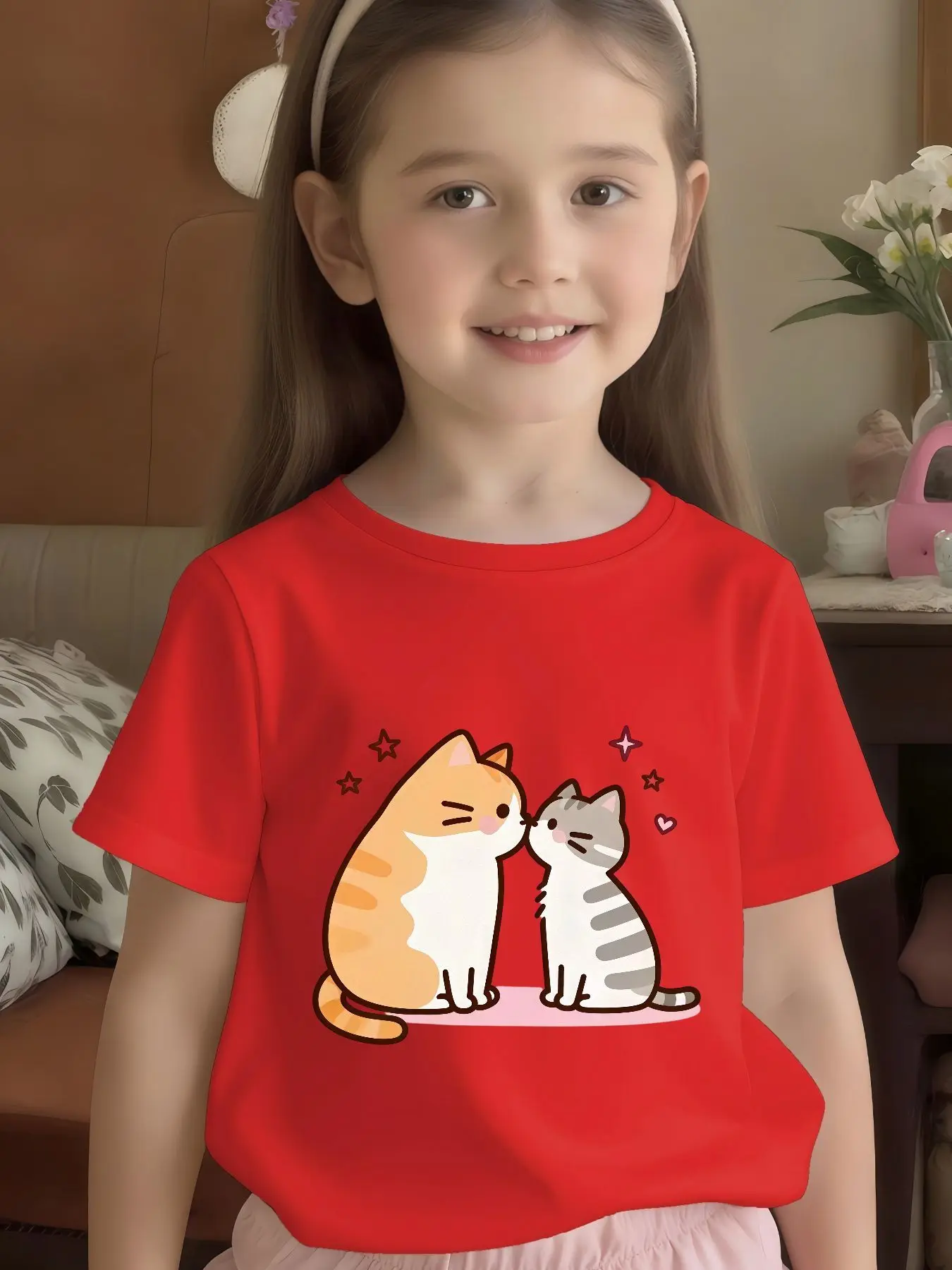 Cute Two Kissing Cats Star Heart Print Graphic Kids Tee Boys Girls Family Matching Cotton Crew Neck Short Sleeve Soft Summer Tee