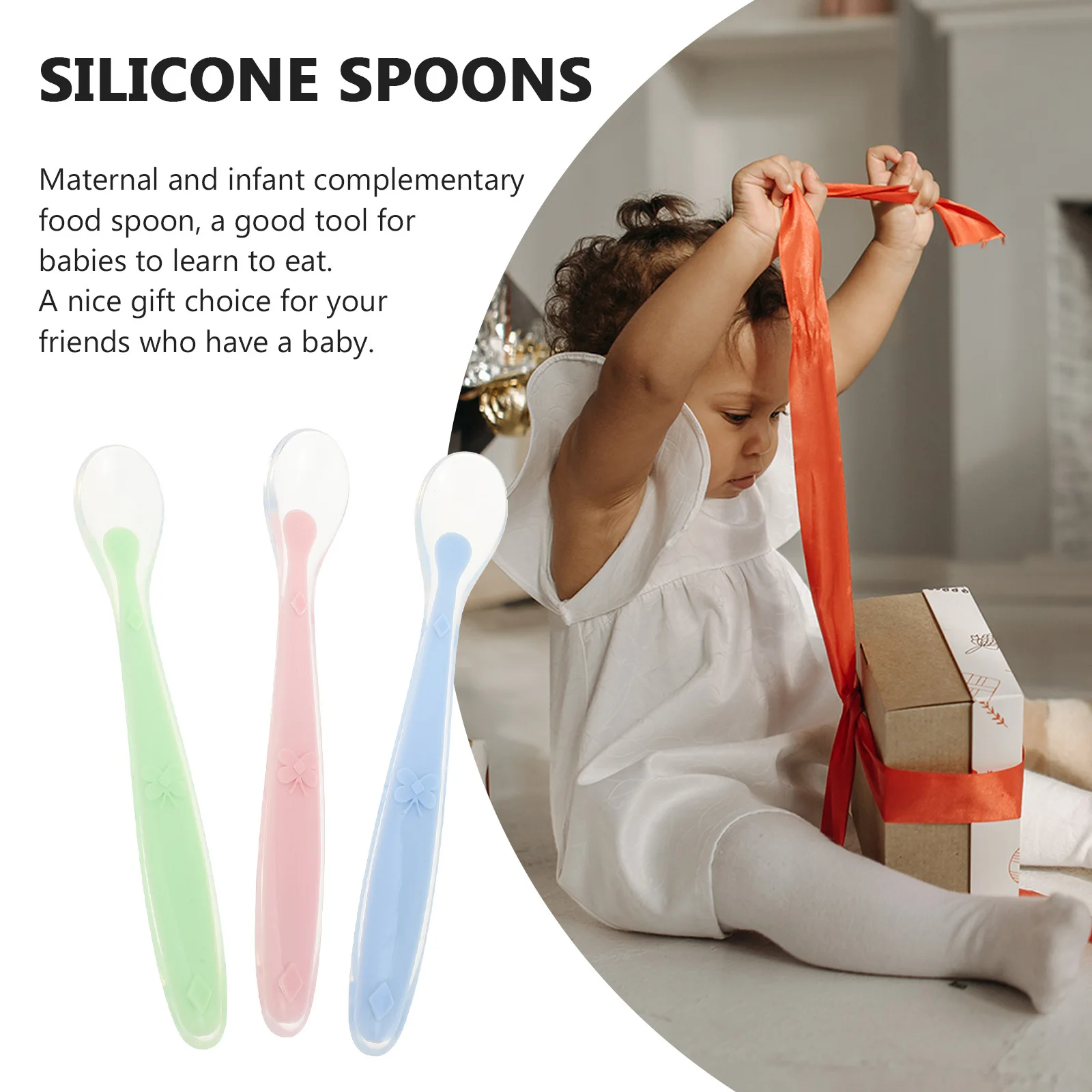 

3pcs Silicone Infant Spoon Long Handle For Baby Feeding Complementary Food Soft Tip Newborn Training Spoons Kitchen Supplies