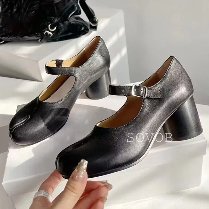 Spring Genuine Leather Round Heel Split Toe Single Shoes Women's One Line Buckle Versatile With Retro High Heels Mary Jane Shoes