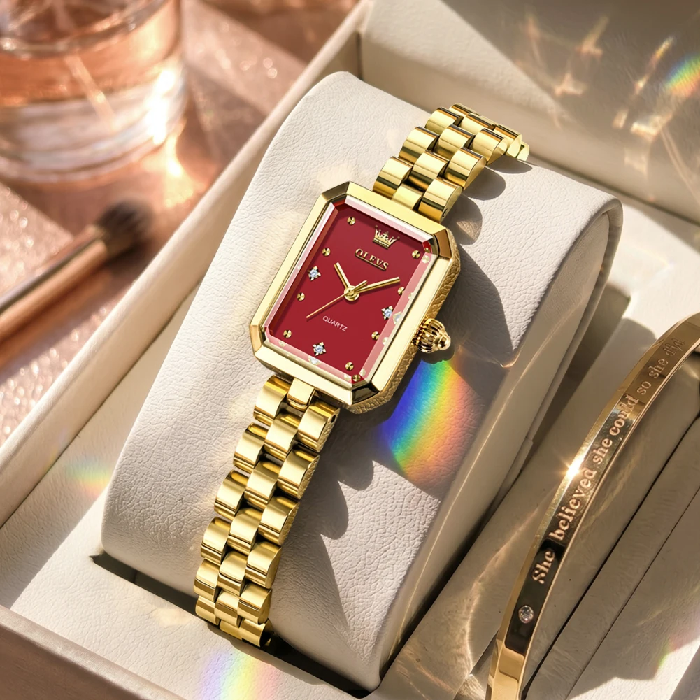 OLEVS Fashion Square Female Wristwatch Gold Metal Strap Diamond Decor Red Dial Quartz Movement Luxury Ladies Watch Women Gift