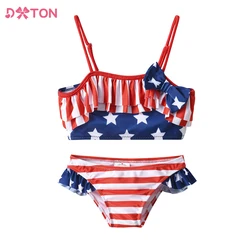 DXTON Girls 2 pcs Swimwear Suit Kids Flag Print Stars Stripe Swimsuit Children Bikini Sets for Summer Beachwear Bathing suit
