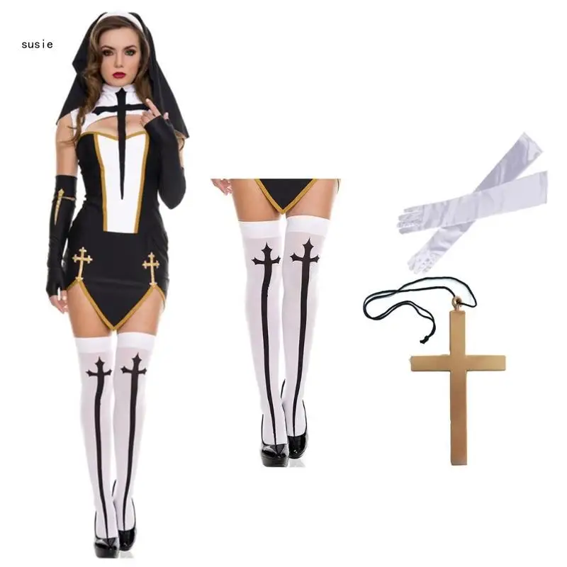 X7YA Nun Costume Set,Nun Hat Pendant Necklace,Knee Thigh High Socks,Nun Collar