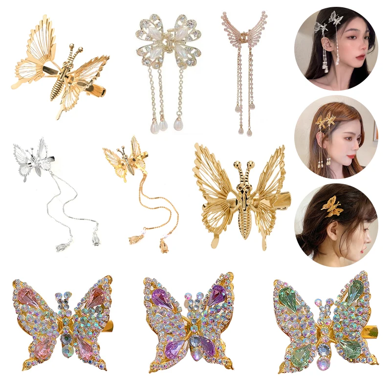 New Butterfly Pearl Tassel Hairpin Women Korean Elegant Metal Chain Side Clip Shark Hairpin Headwear Hair Accessories