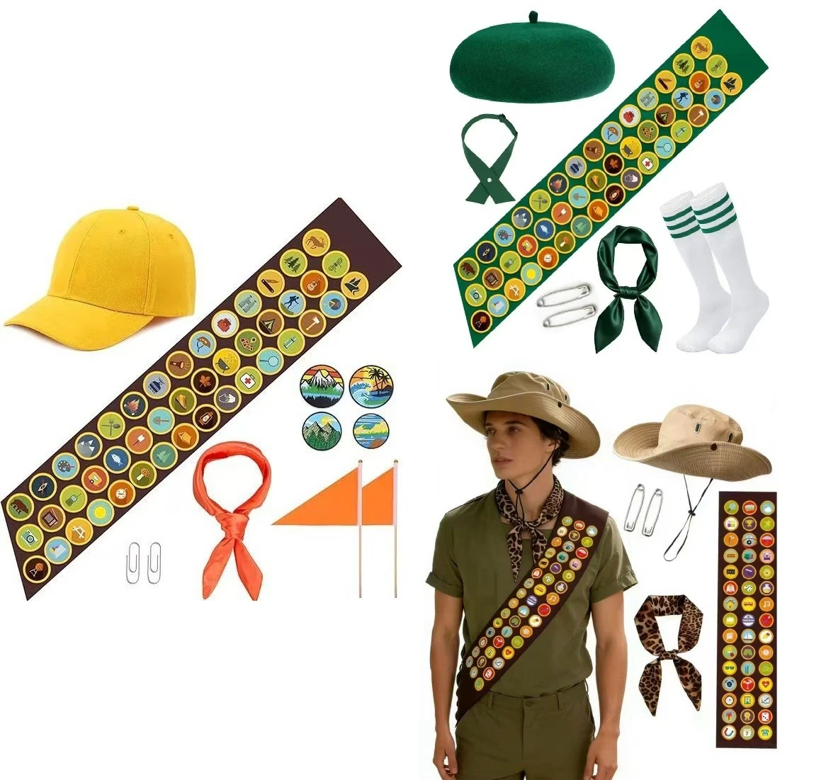 Adult Scouts Costume with Satin Sash Bonfire Bow Tie Camping Hat Halloween Explorer Party Team Dress Up Cosplay Soldier Outfit
