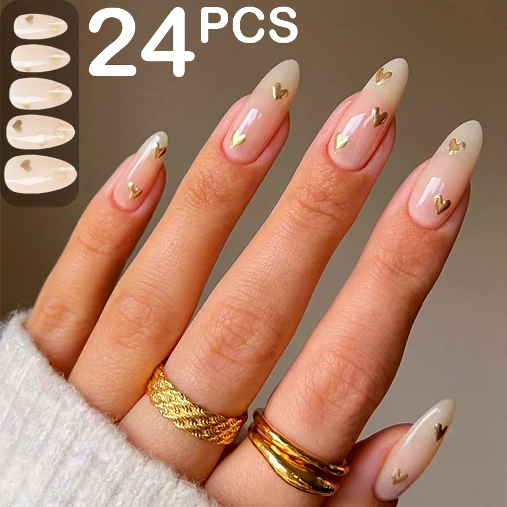 

24Pcs Simple French Press On Nails Naked Color Love Heart Long Almond False Nails Daily Women Detachable Fake Nails