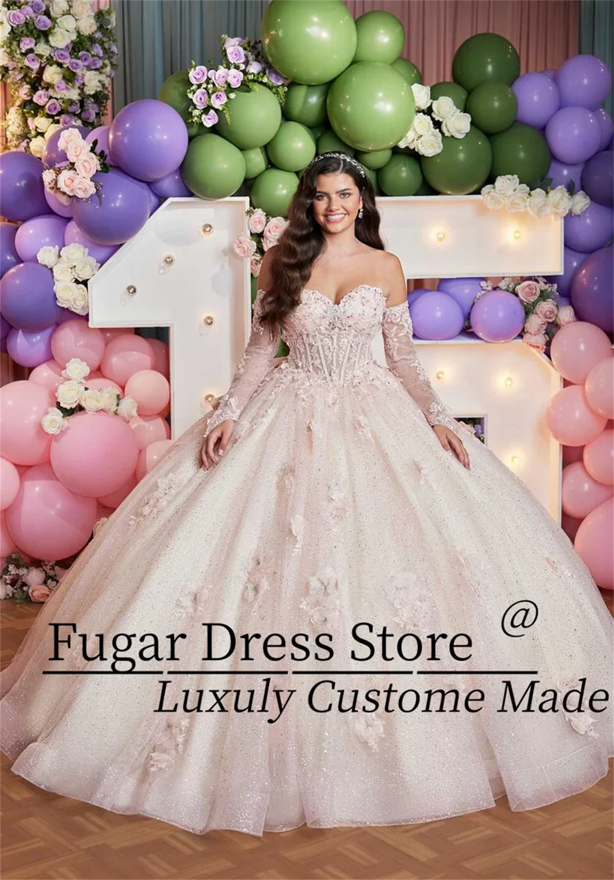 Impresionante vestido de quinceañera personalizado en forma de abanico escote corazón flor 3D transparente gasa dura calcomanía vestidos de fiesta