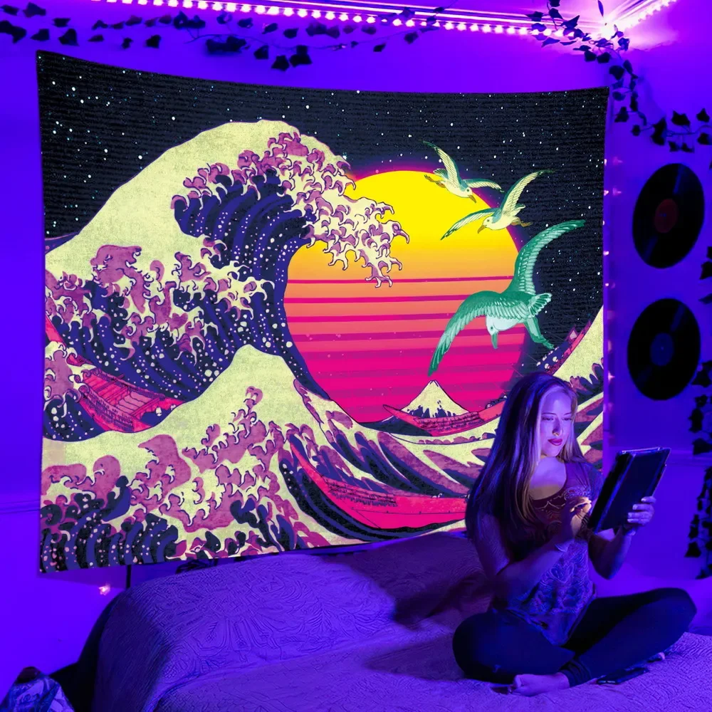 Black Light Hippie Dj Tapestry Uv Reactive Psychedelic Ukiyo E Whale Wall Hanging For Bedroom Dorm Indie Room Decor