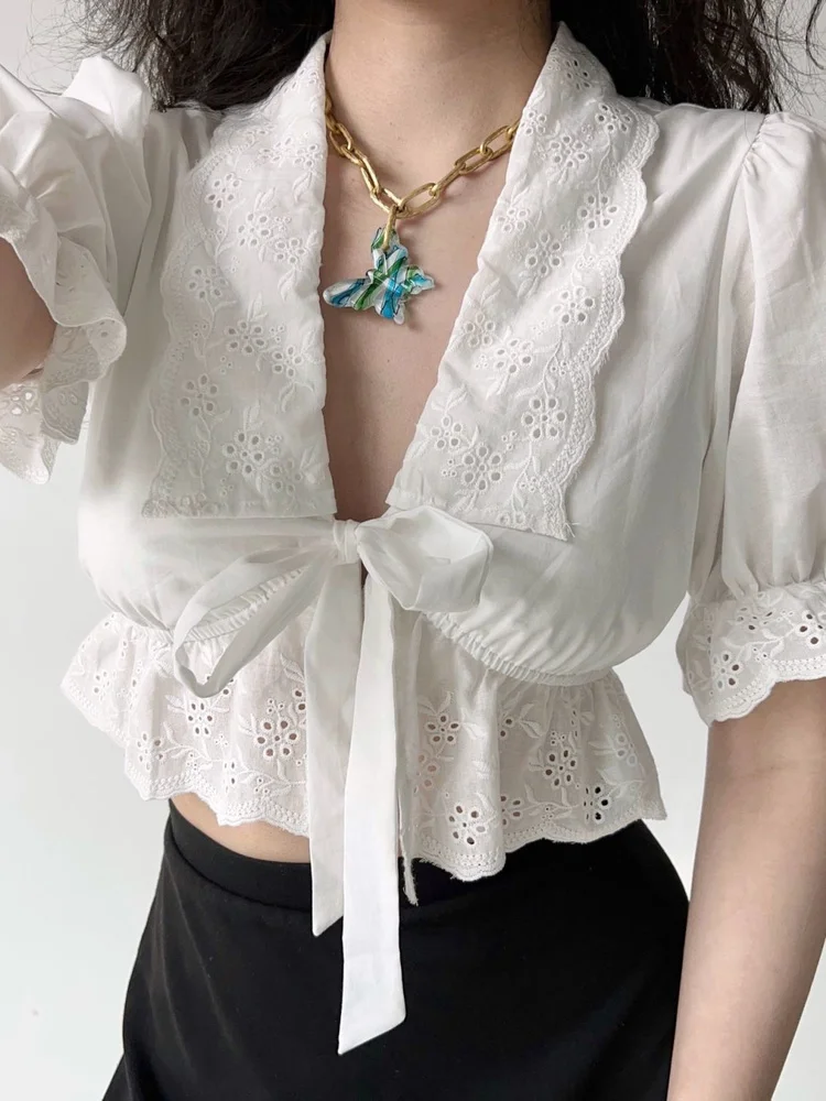 Short Puff Sleeve Bow Bandage Blouse Women Japanese Sweet Flower Embroidery Crop Shirt Harajuku White Blusas Summer All Match