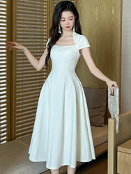 French Elegant Long Dress Women  Style White Black Diamond Chain Waistband Robe Lady Party Ball Gown Banquet Vestidos